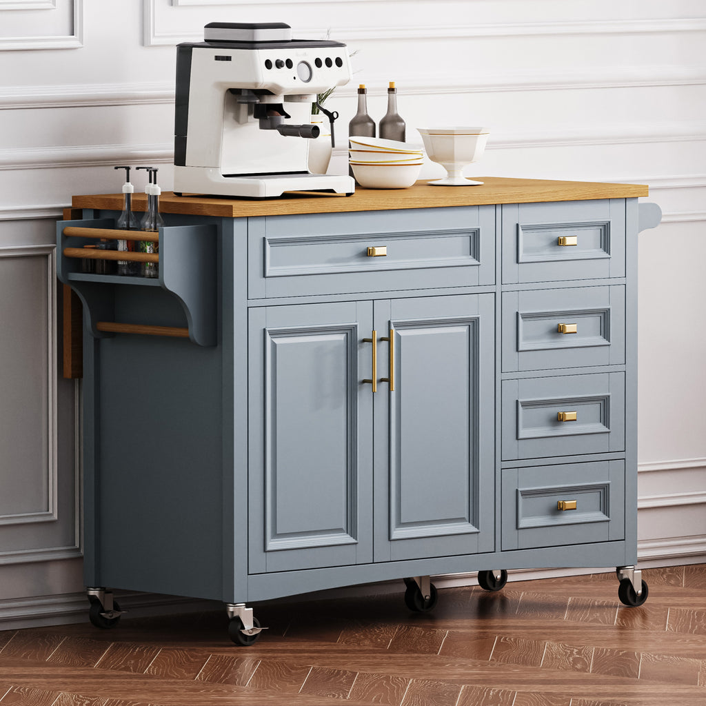 Back view of 52" Light Blue Wood Rolling Kitchen Island highlighting wheels