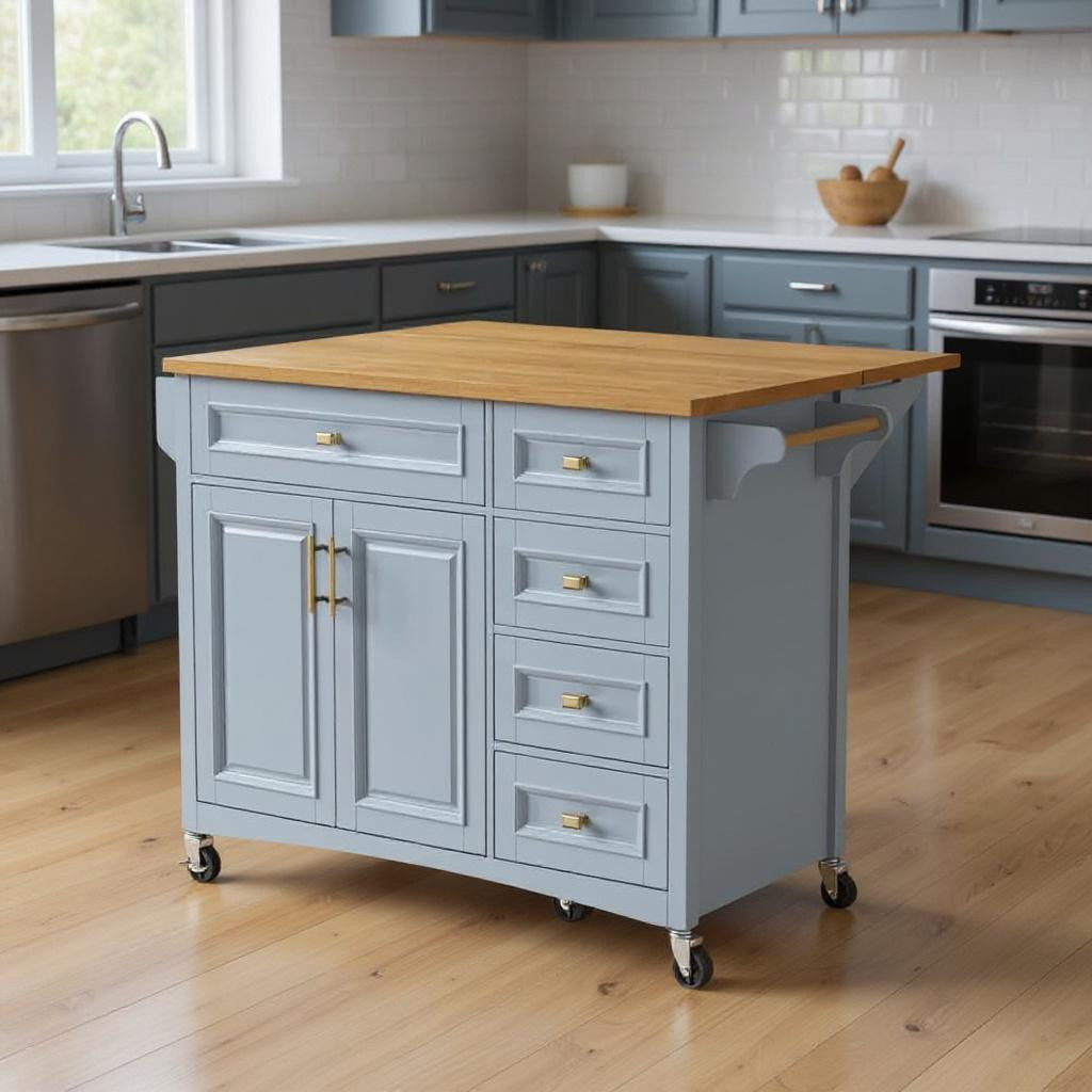Lifestyle image of 52" Light Blue Wood Rolling Kitchen Island in a kitchen