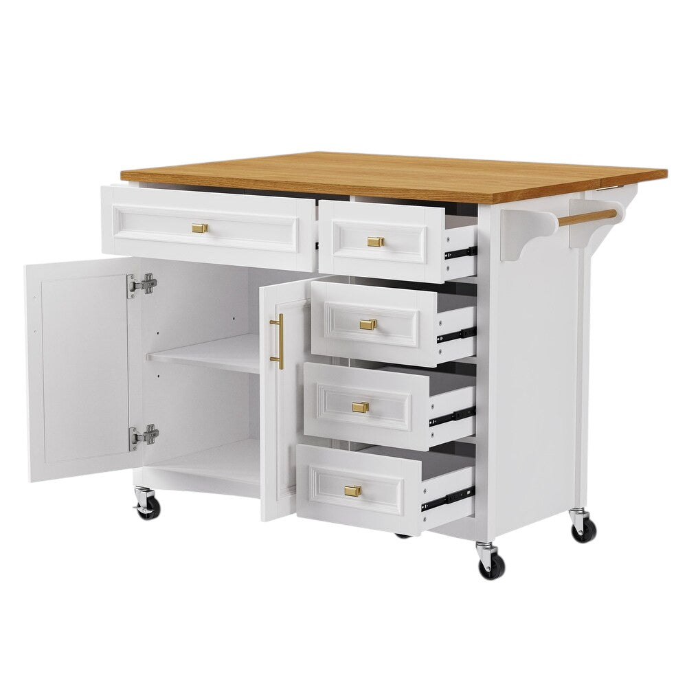 Rolling wheels of the 52-Inch White Wood Kitchen Island for easy mobility