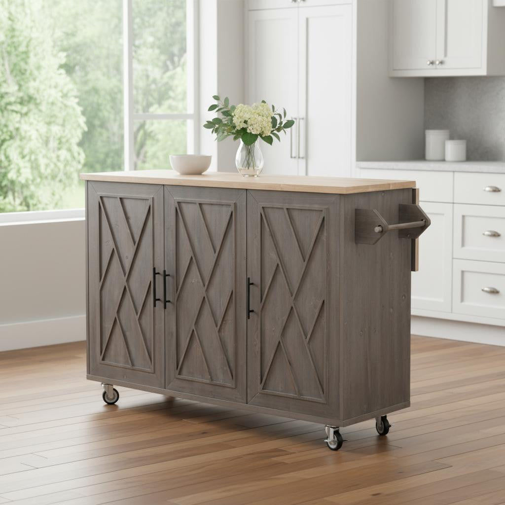 51" Brown Wood Rolling Kitchen Island