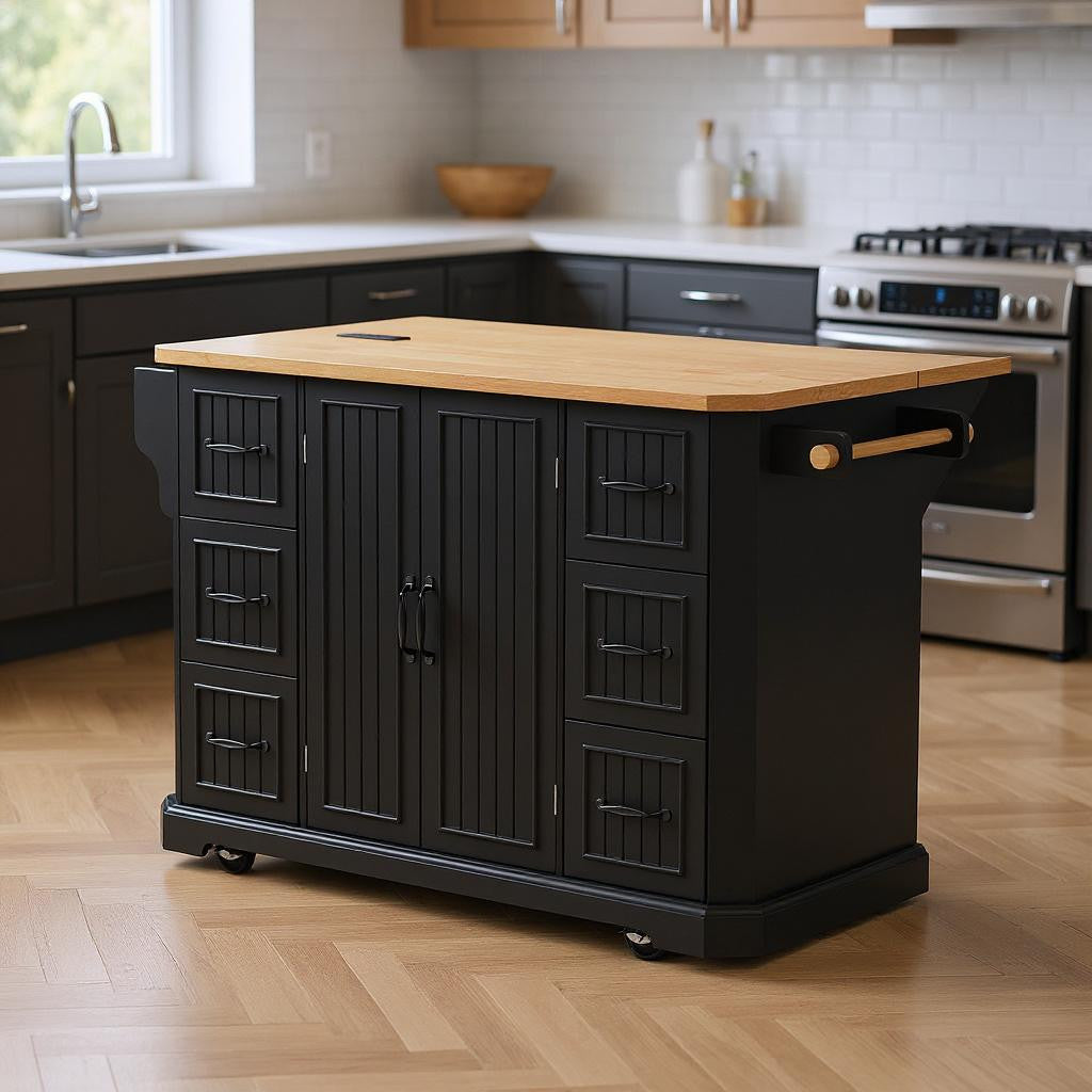 Front view of 56-Inch Black Wood Rolling Kitchen Island by Homeroots