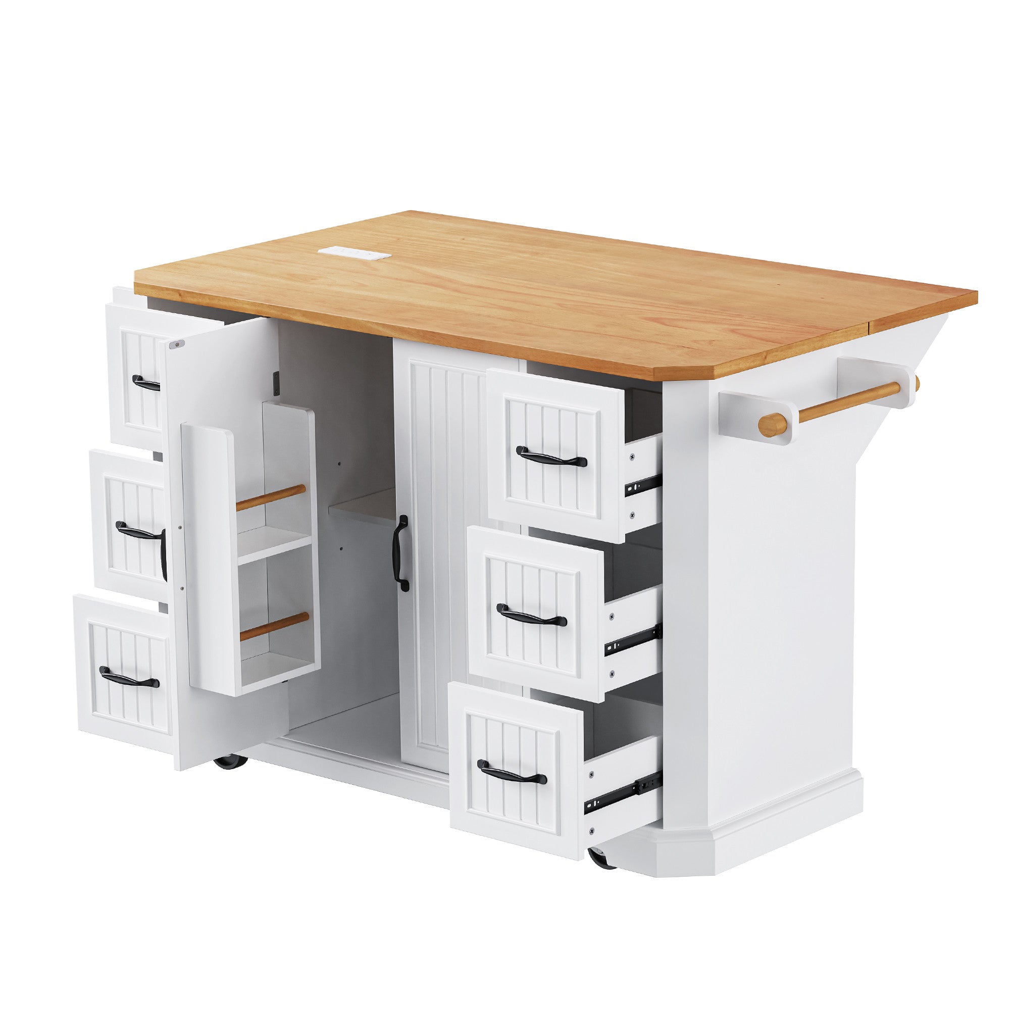 Top surface of 56" White Wood Rolling Kitchen Island ideal for meal prep