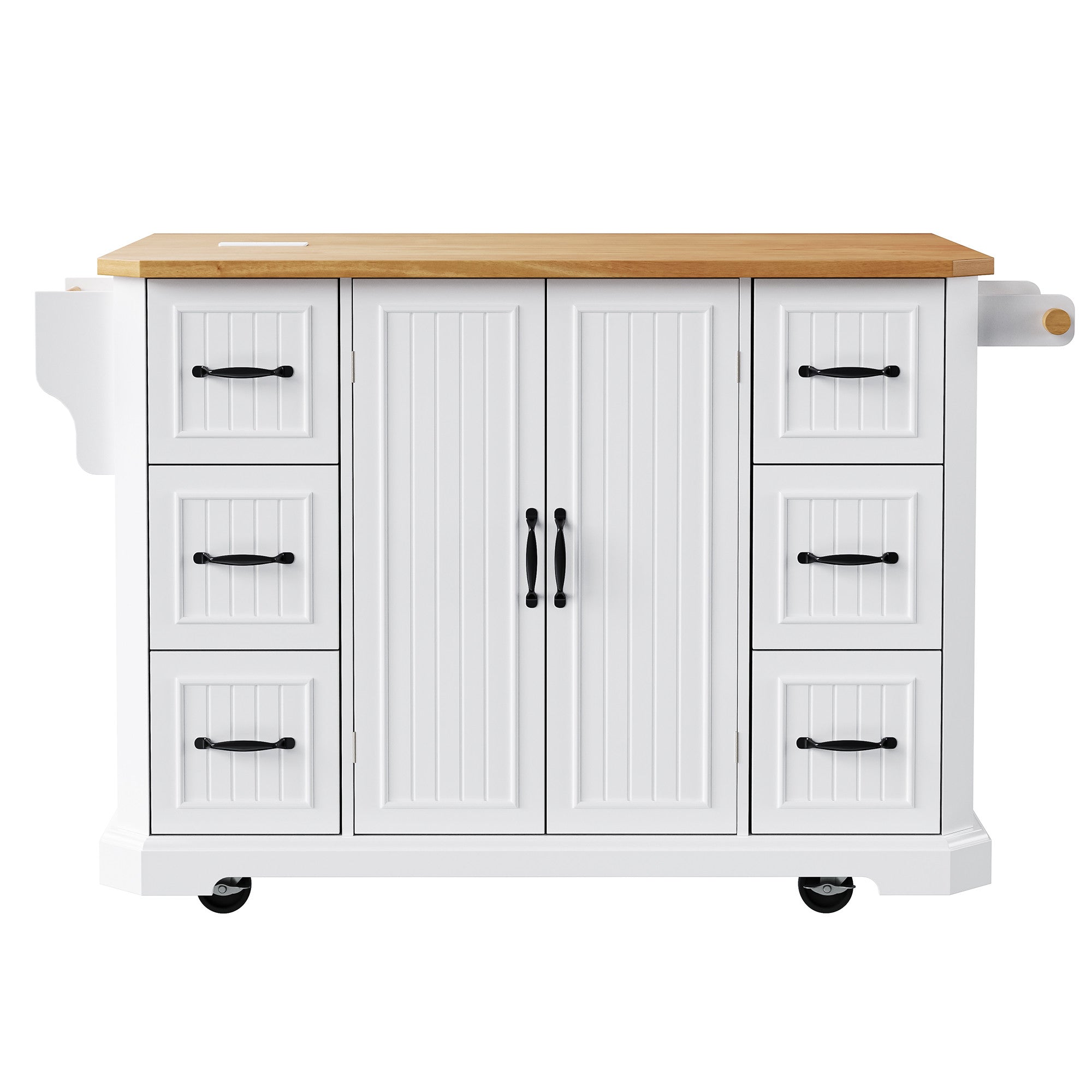 Back view displaying the sleek design of 56" White Wood Rolling Kitchen Island