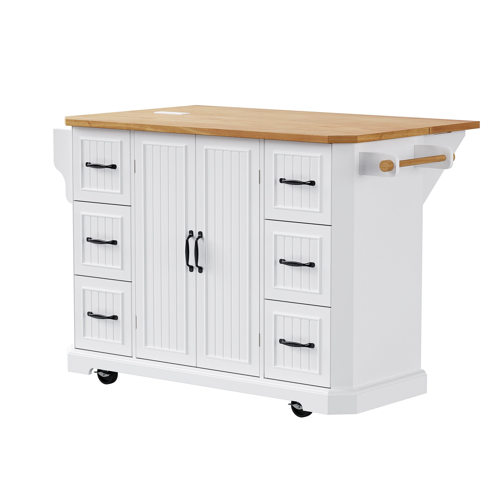 Rolling wheels of 56" White Wood Rolling Kitchen Island for easy mobility