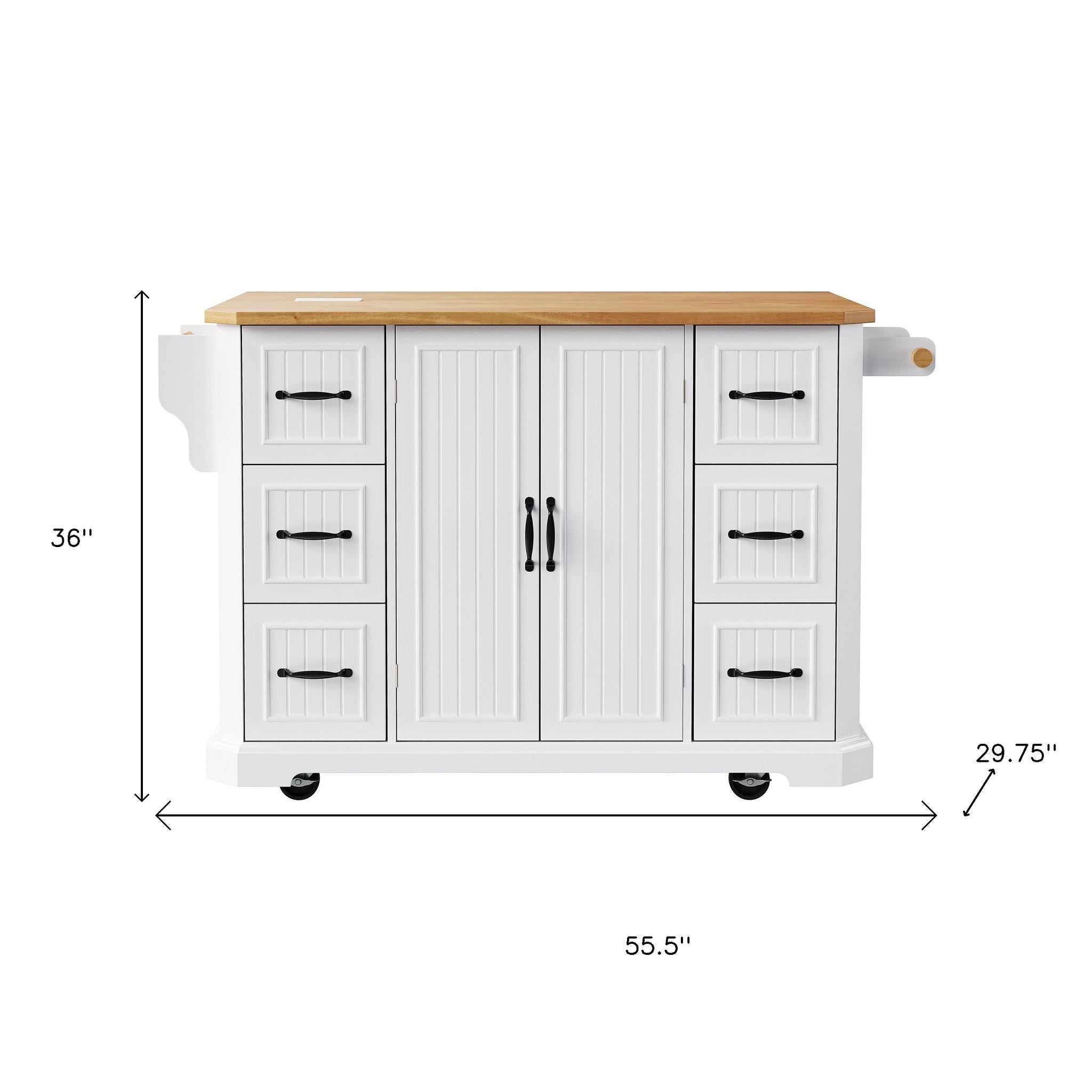 Side view showcasing storage drawers of 56" White Wood Rolling Kitchen Island