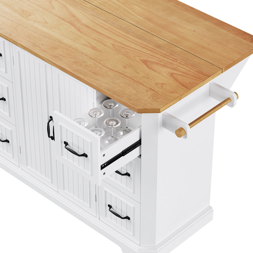 Front view of 56" White Wood Rolling Kitchen Island by Homeroots