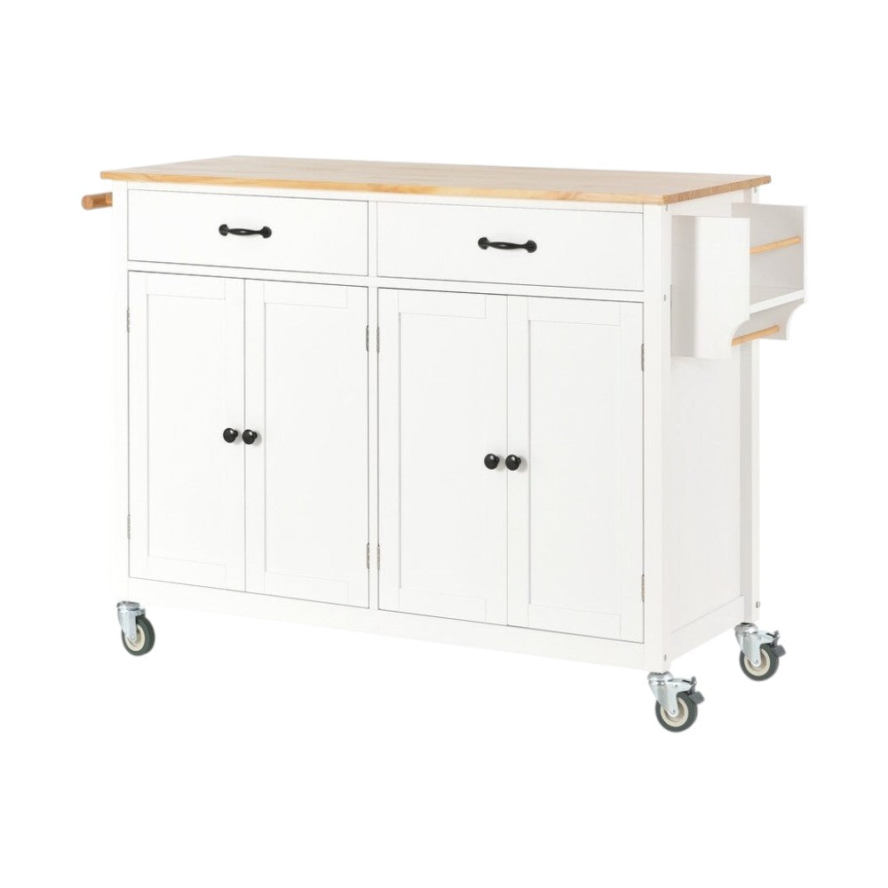 51" White Wood Rolling Kitchen Island