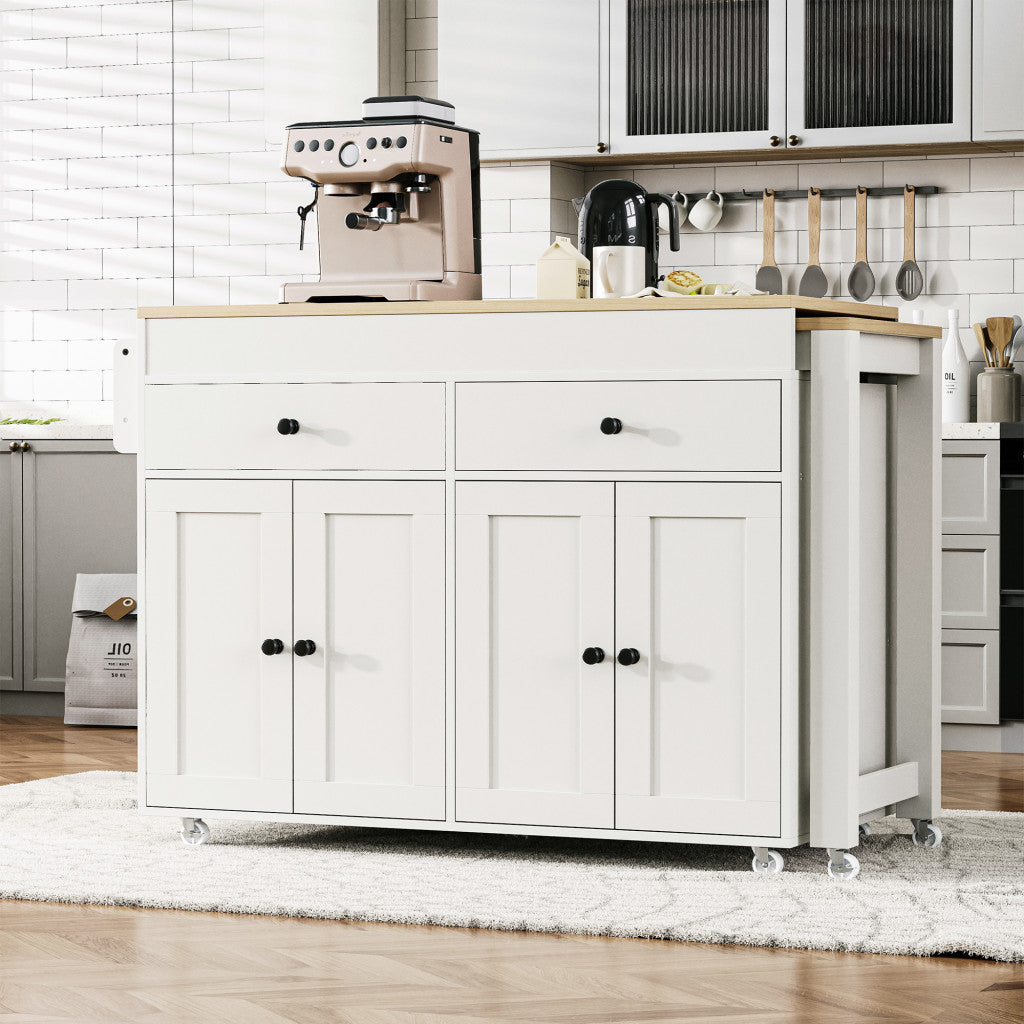 51" White Wood Rolling Kitchen Island