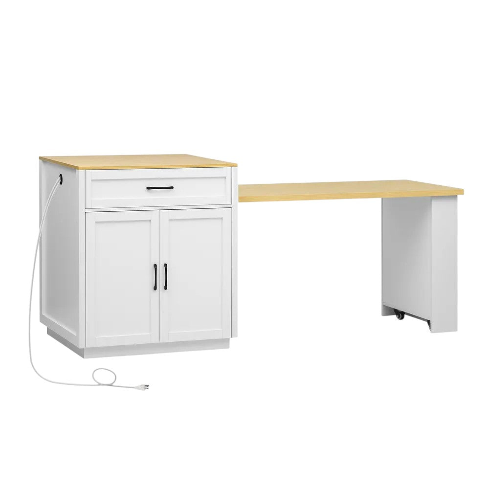 55" White Wood Rolling Kitchen Island With Storage