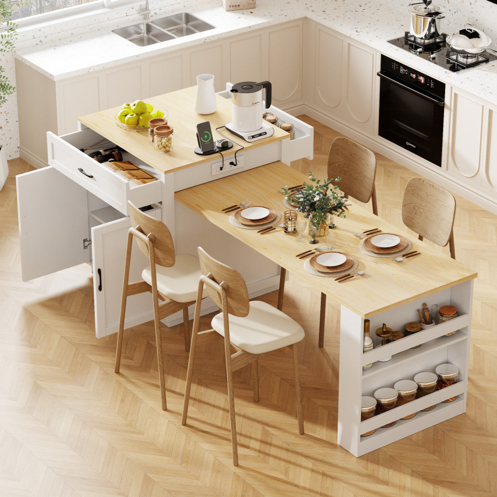55" White Wood Rolling Kitchen Island With Storage
