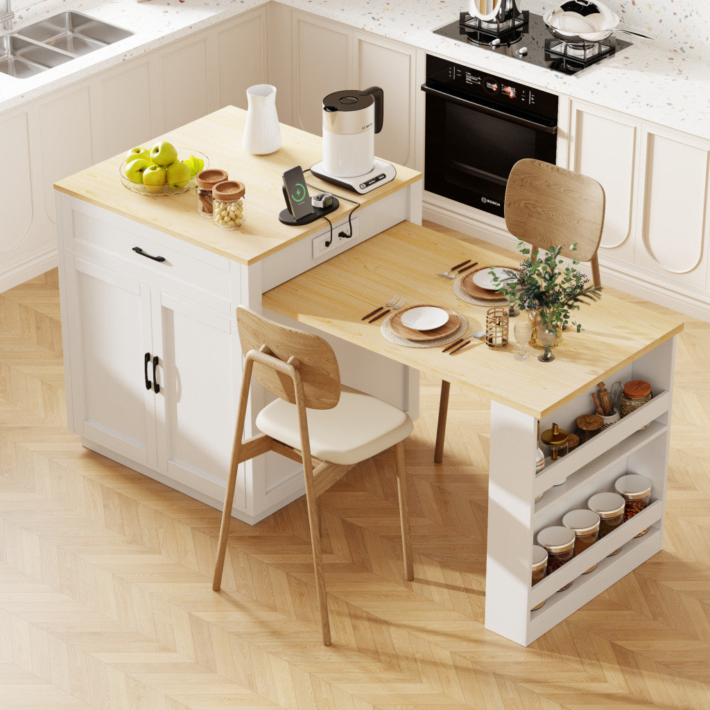 55" White Wood Rolling Kitchen Island With Storage