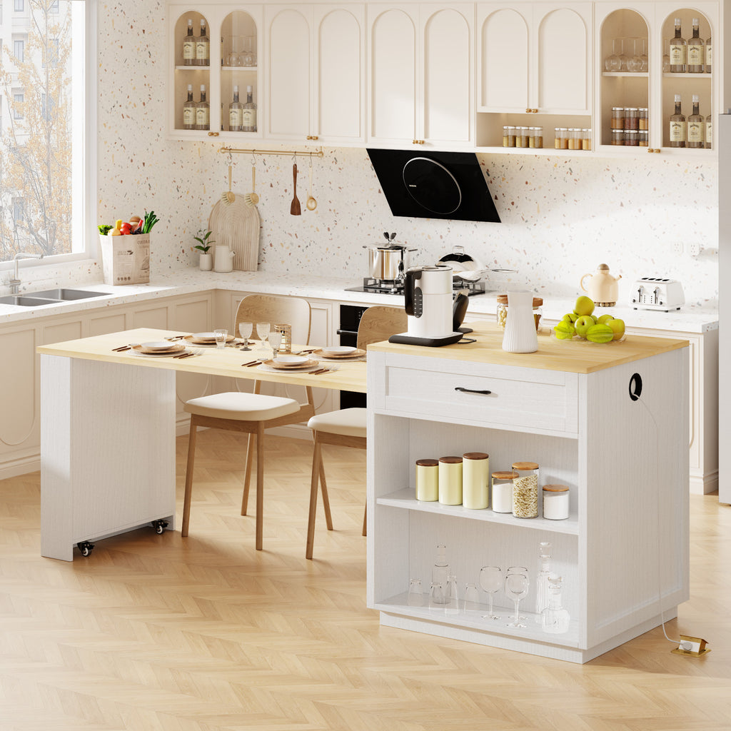 55" White Wood Rolling Kitchen Island With Storage