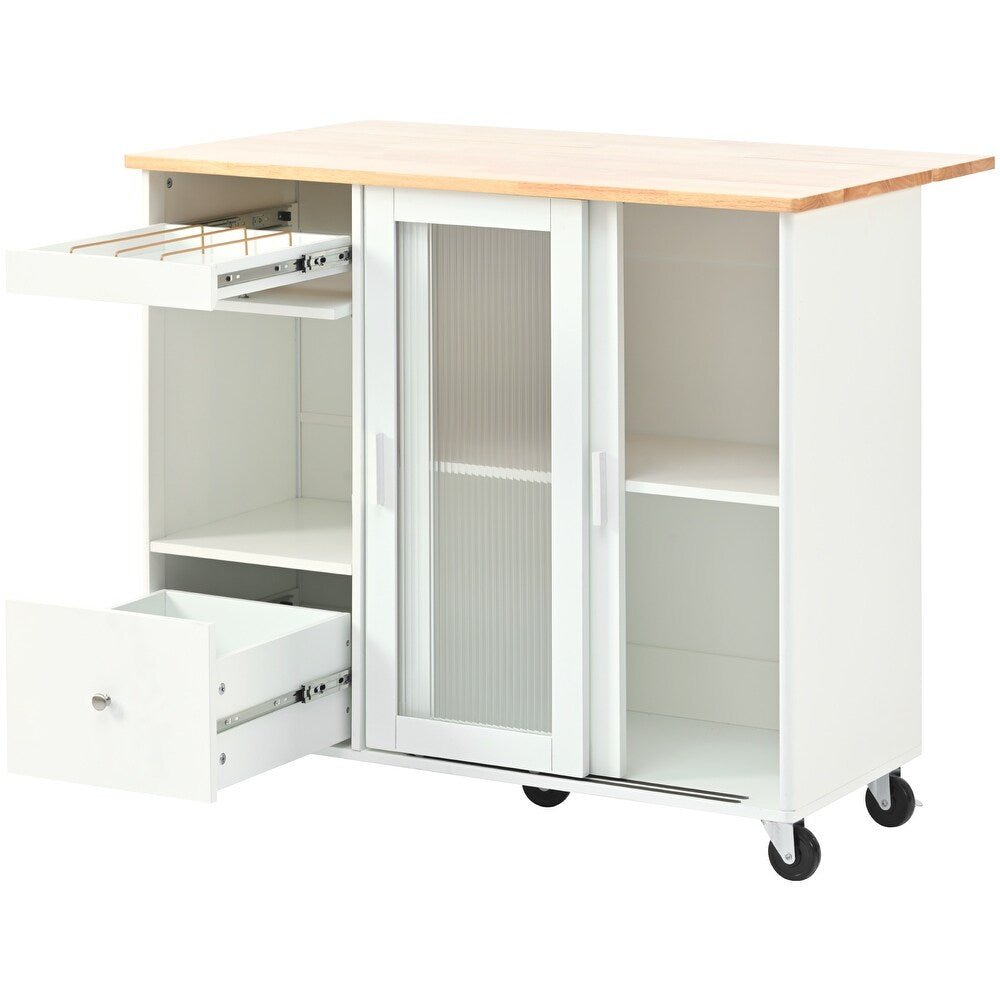 44" White Wood Rolling Kitchen Island With Storage