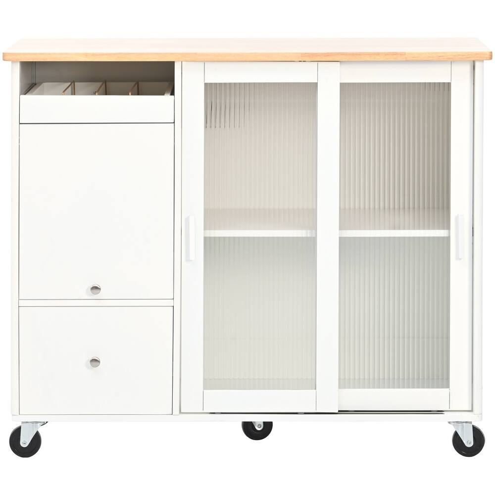 44" White Wood Rolling Kitchen Island With Storage