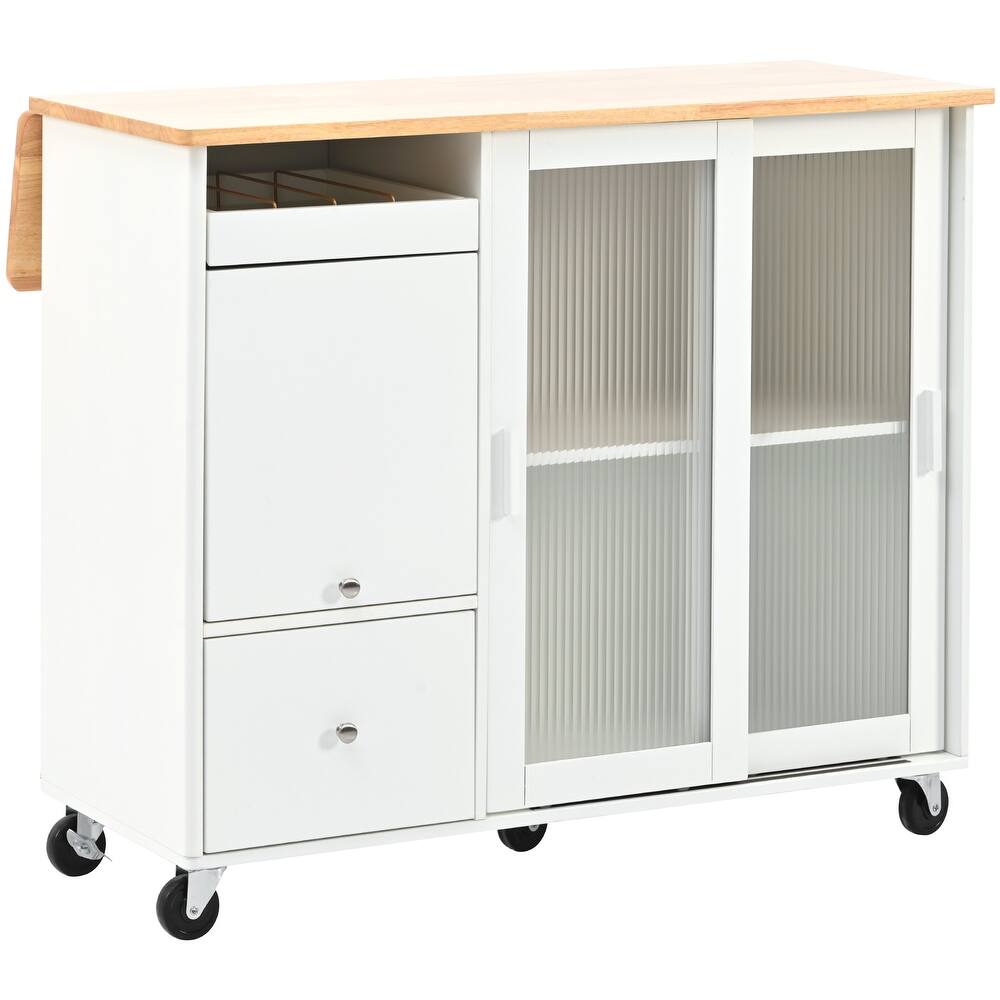 44" White Wood Rolling Kitchen Island With Storage