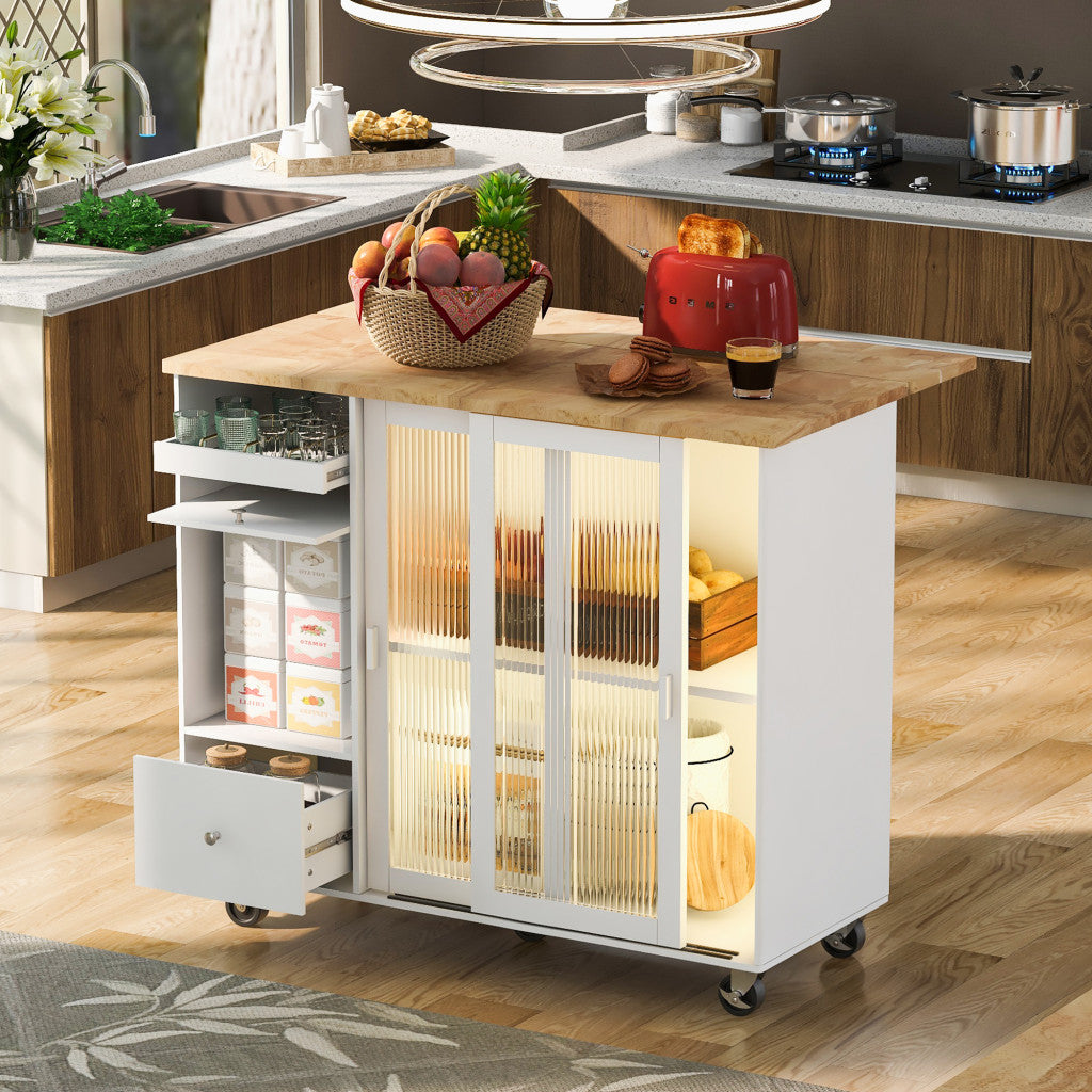 44" White Wood Rolling Kitchen Island With Storage