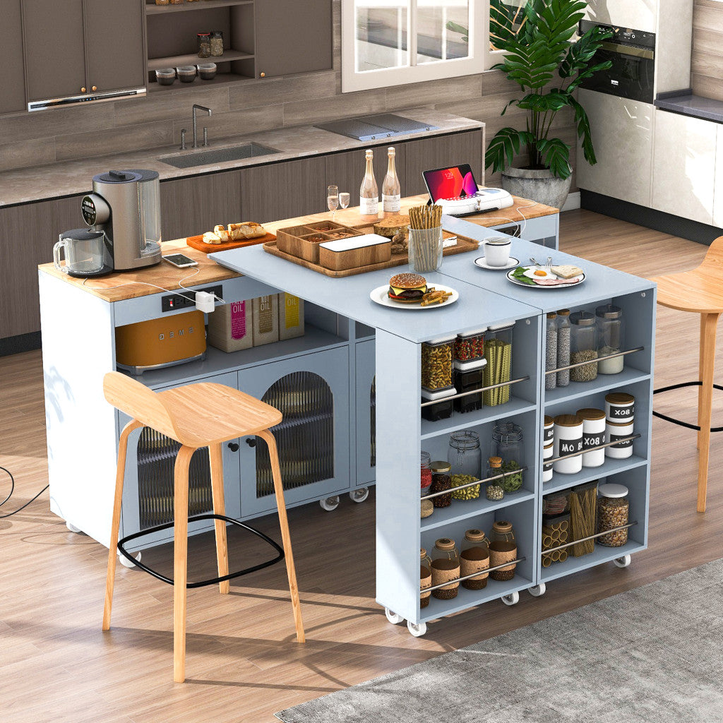 Side view of 33" Gray Wood Rolling Kitchen Island with storage shelves