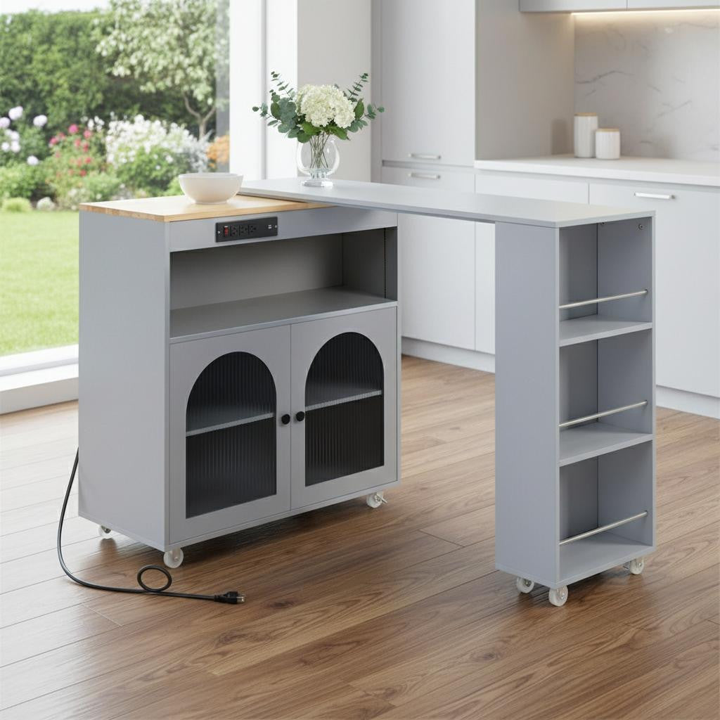 33" Gray Wood Rolling Kitchen Island with open storage compartments