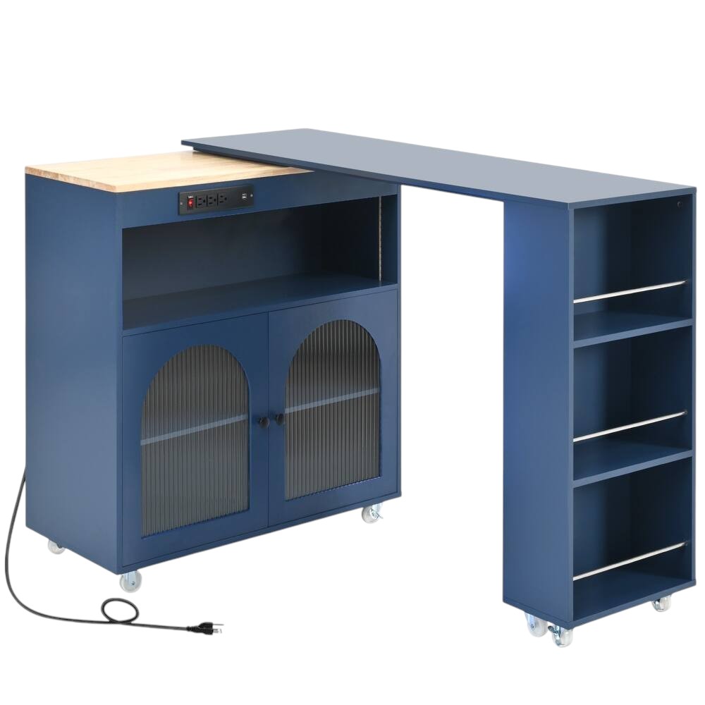 33" Navy Blue Wood Rolling Kitchen Island With Storage