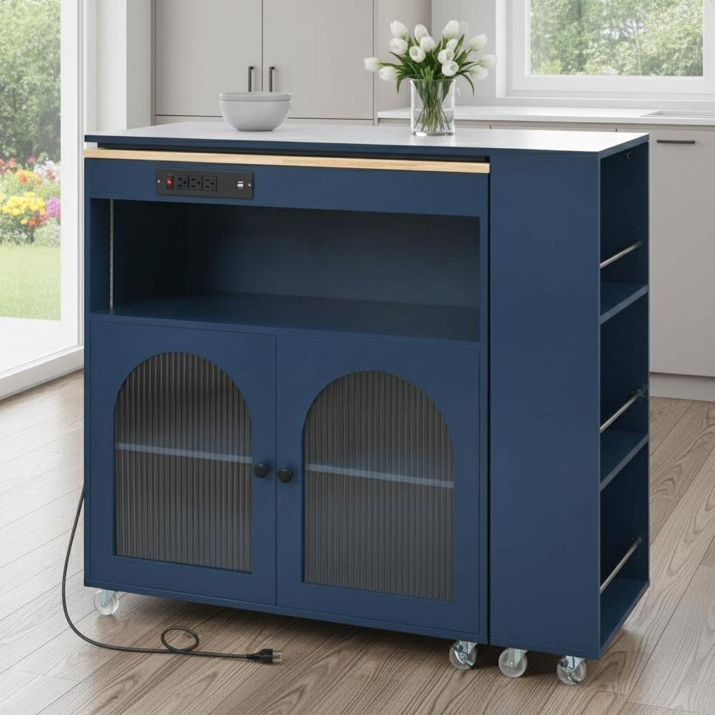33" Navy Blue Wood Rolling Kitchen Island With Storage