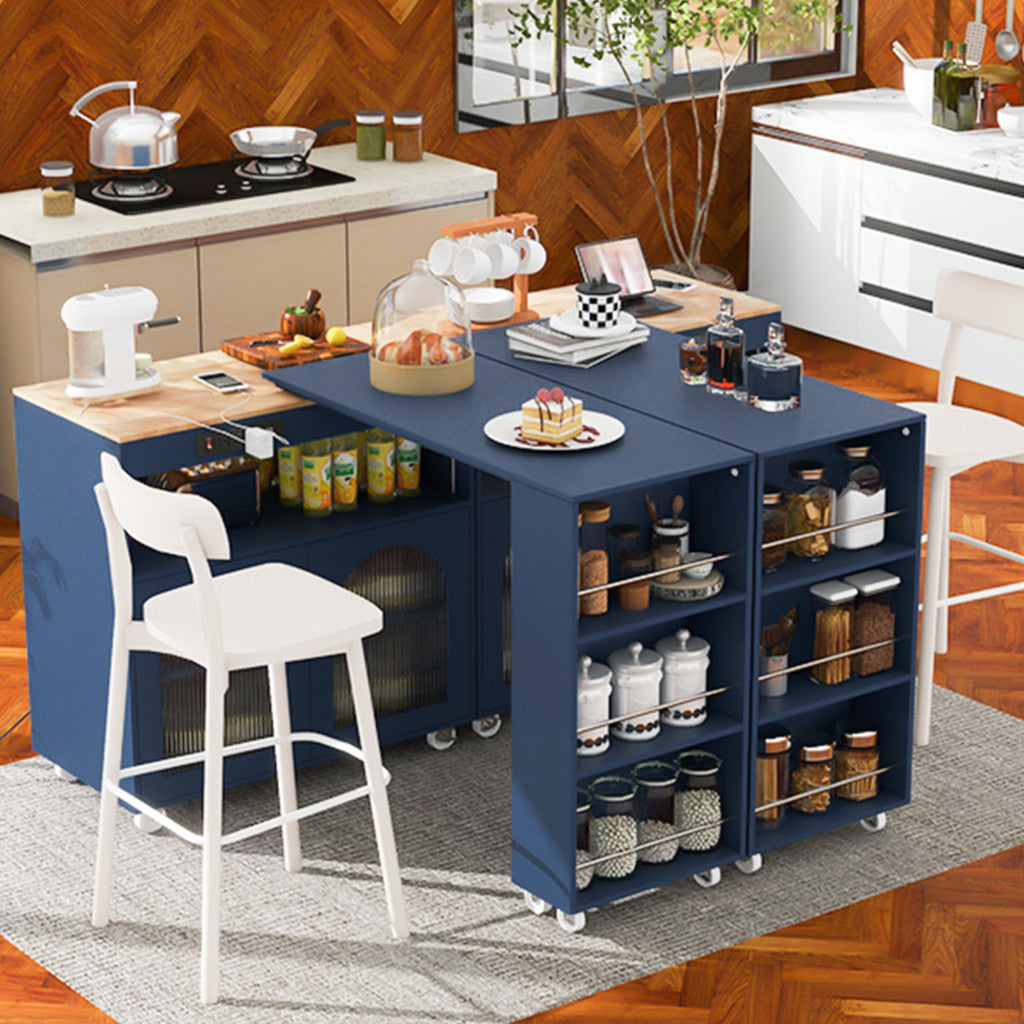 33" Navy Blue Wood Rolling Kitchen Island With Storage