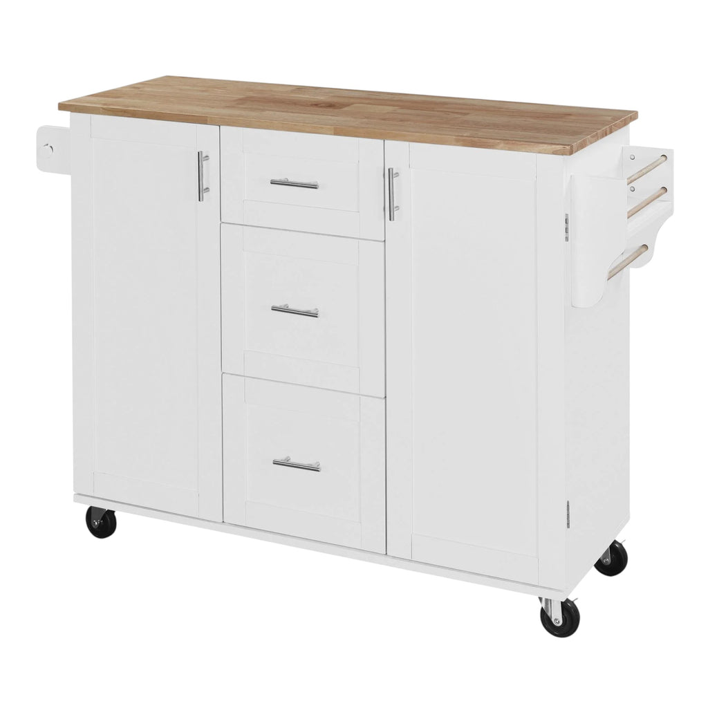 Front view of 50-Inch White Wood Rolling Kitchen Island by Homeroots