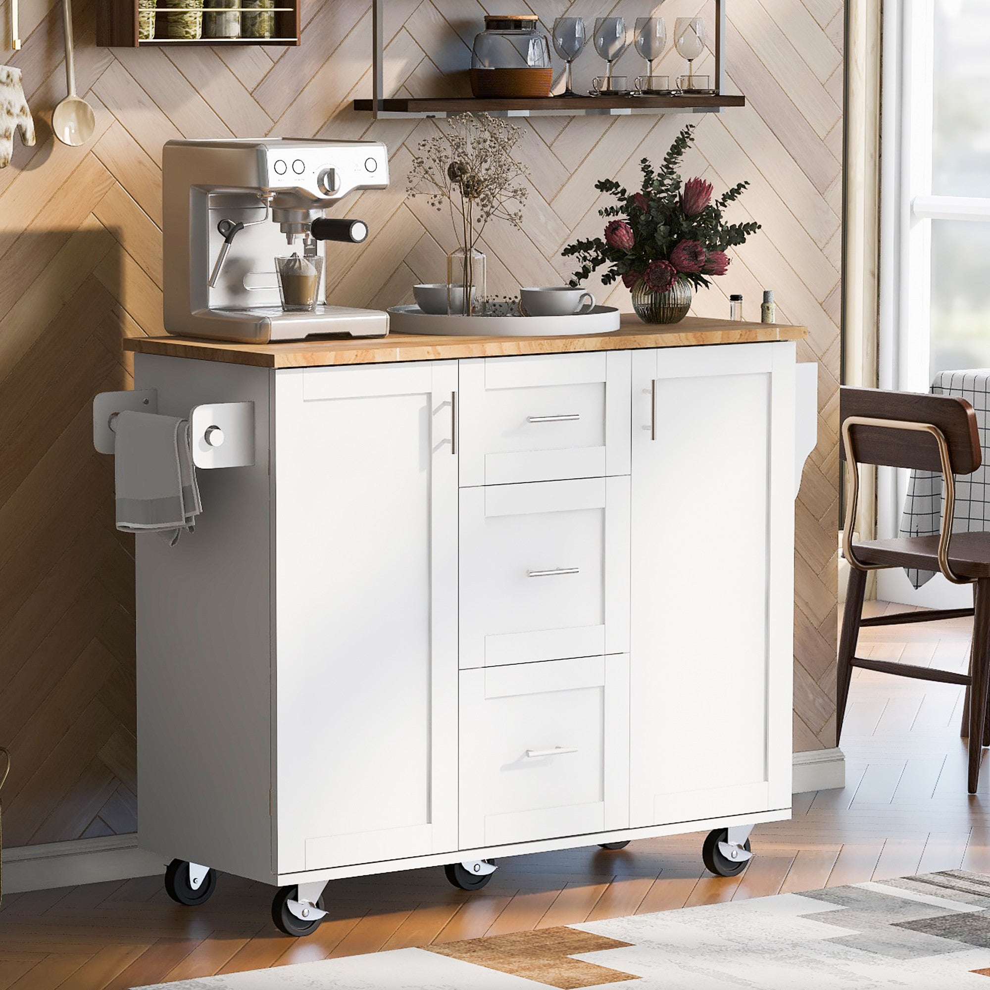 Elegant design details on the 50-Inch White Wood Rolling Kitchen Island