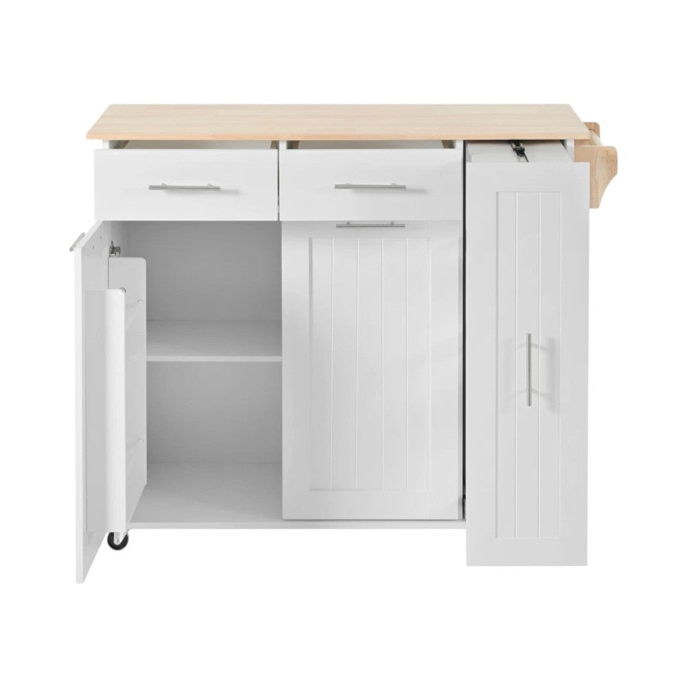 46" White Wood Rolling Kitchen Island With Storage