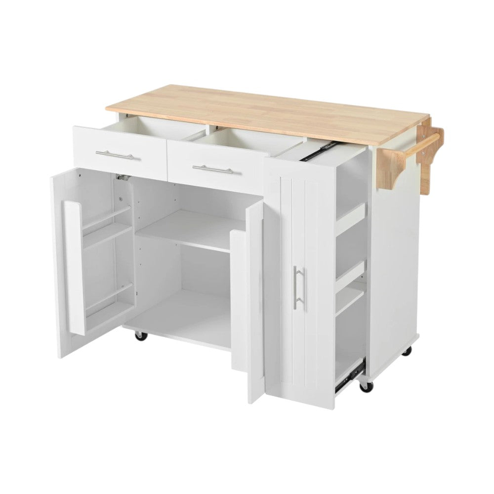 46" White Wood Rolling Kitchen Island With Storage