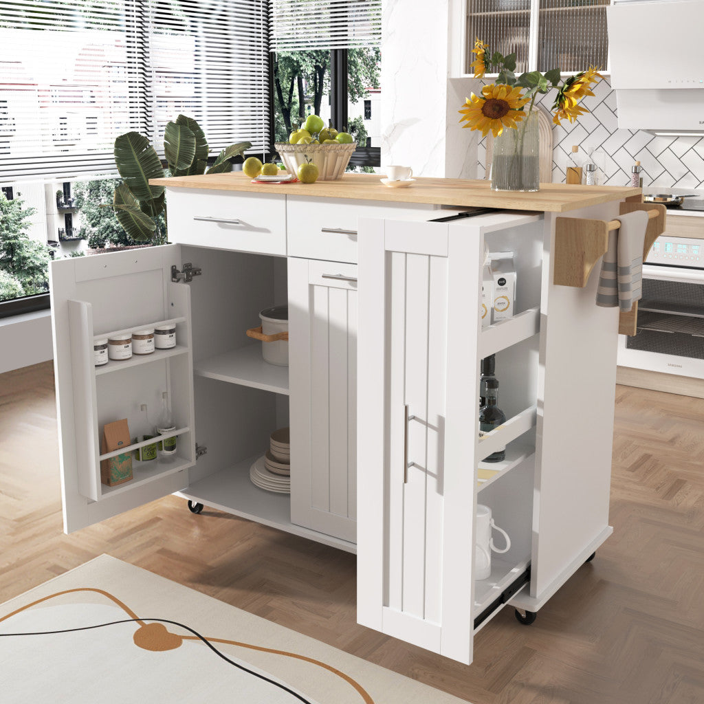 46" White Wood Rolling Kitchen Island With Storage