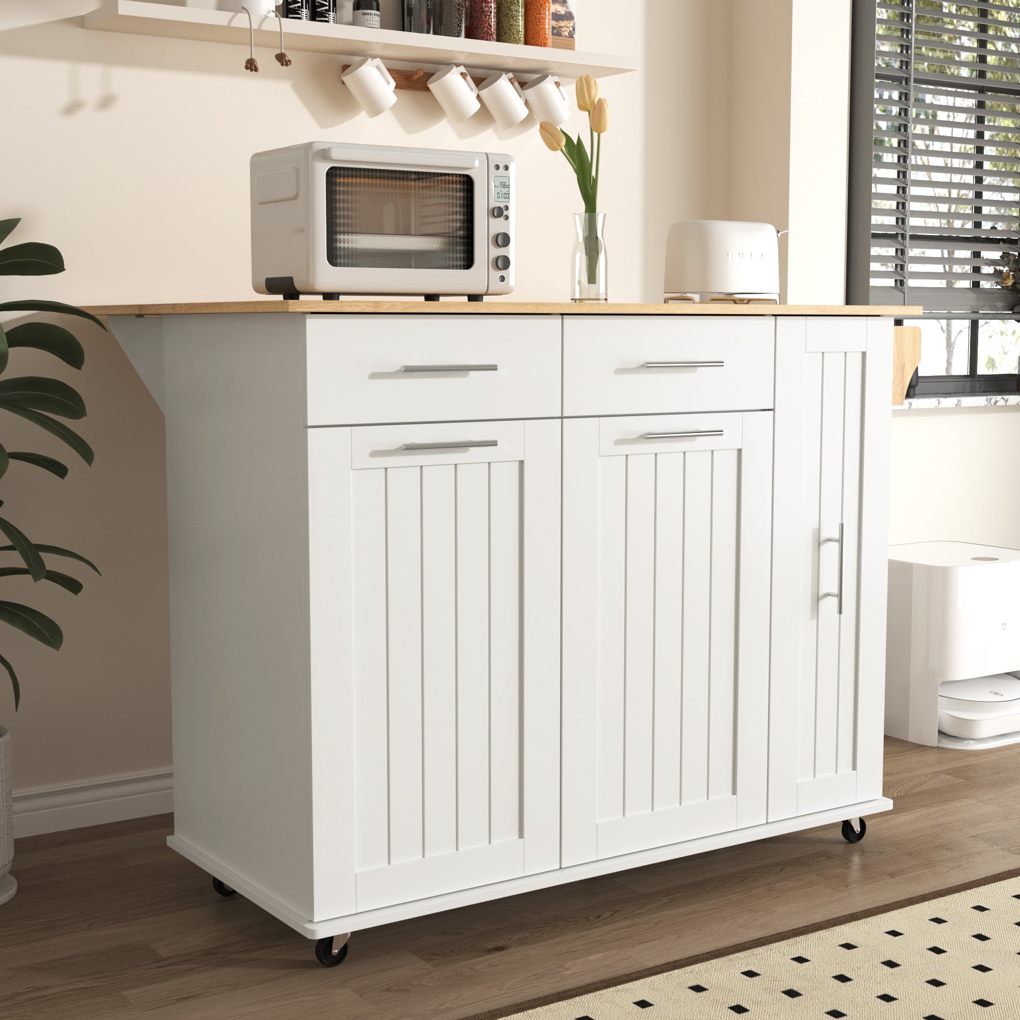 46" White Wood Rolling Kitchen Island With Storage