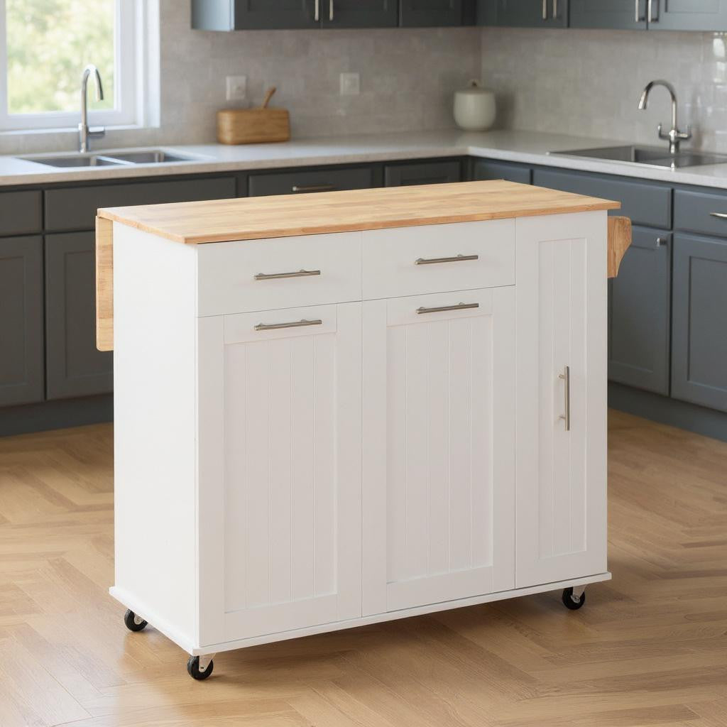 46" White Wood Rolling Kitchen Island With Storage