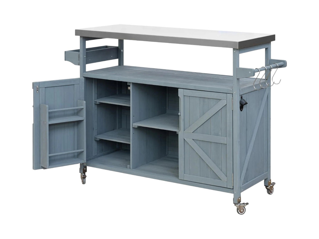 Close-up of drawer storage in the Light Blue Wood Rolling Kitchen Island