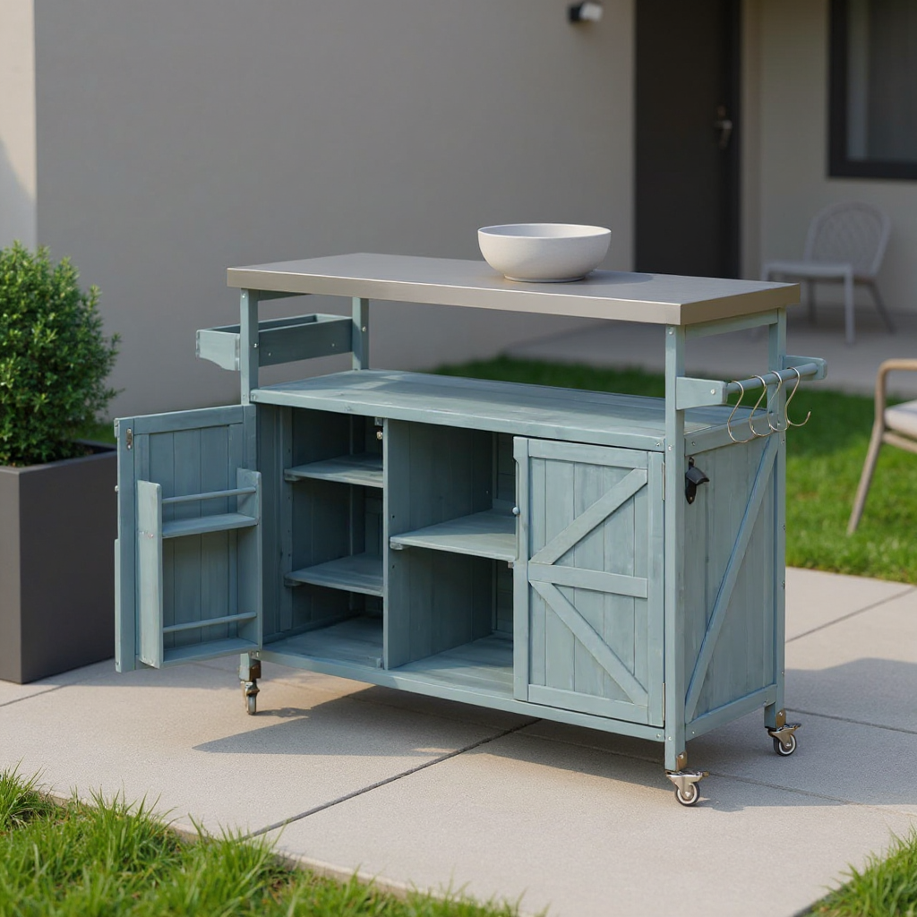 Side view showcasing storage features of the Light Blue Kitchen Island
