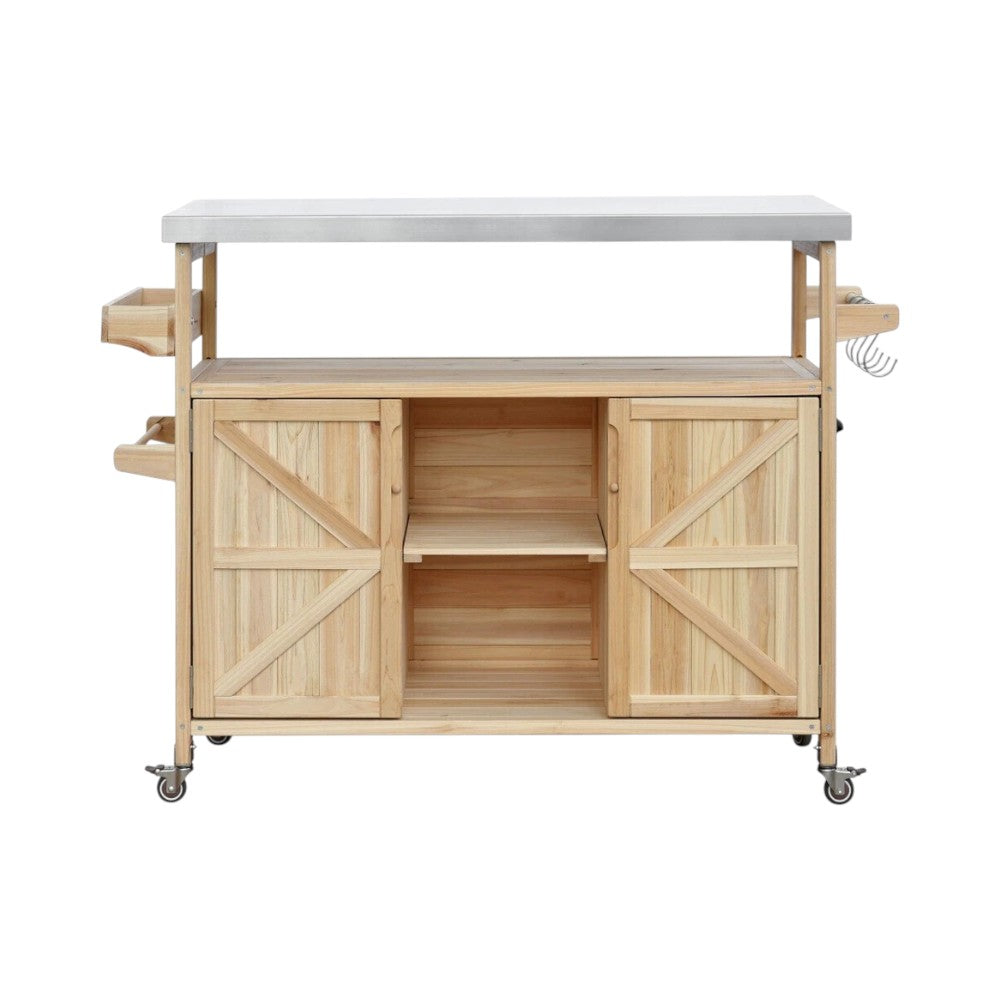 50" Natural Wood Rolling Kitchen Island With Storage
