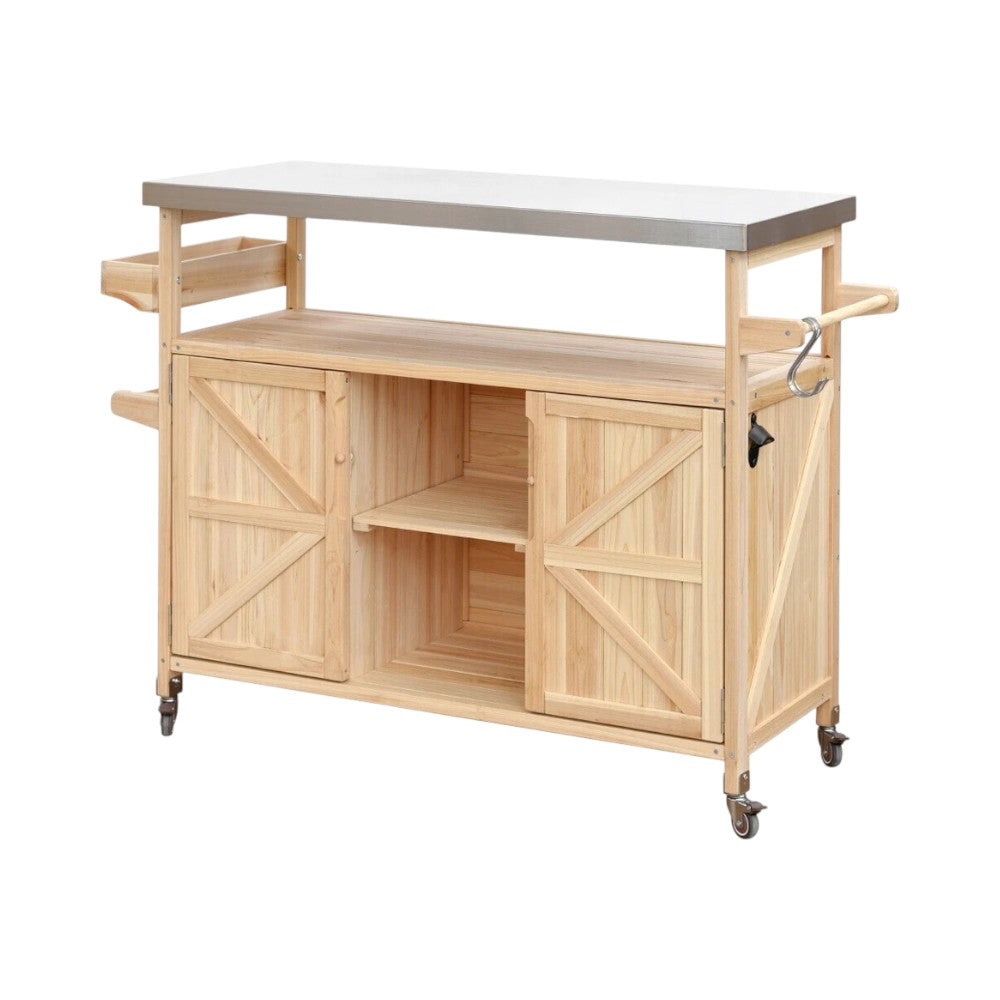 50" Natural Wood Rolling Kitchen Island With Storage