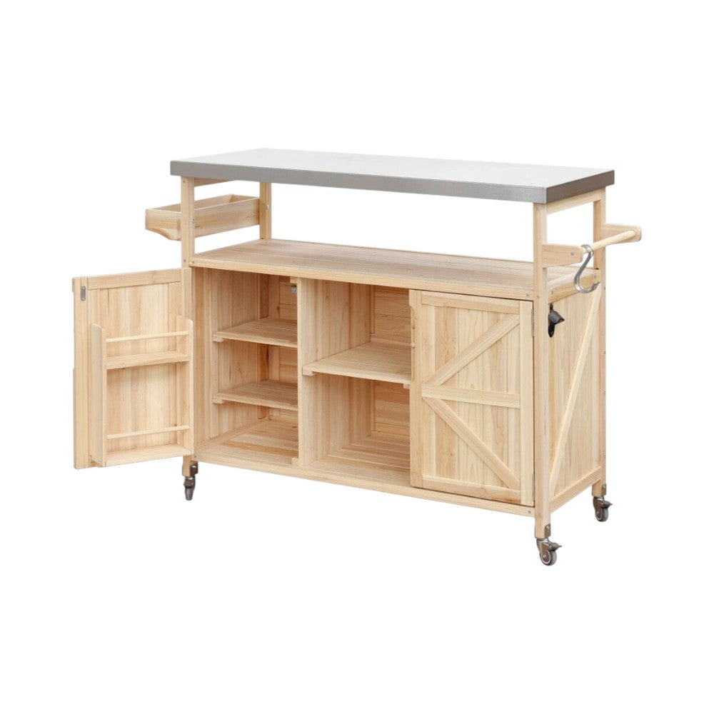 50" Natural Wood Rolling Kitchen Island With Storage