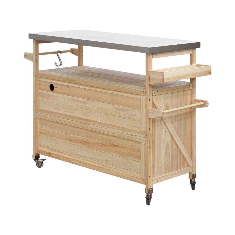50" Natural Wood Rolling Kitchen Island With Storage