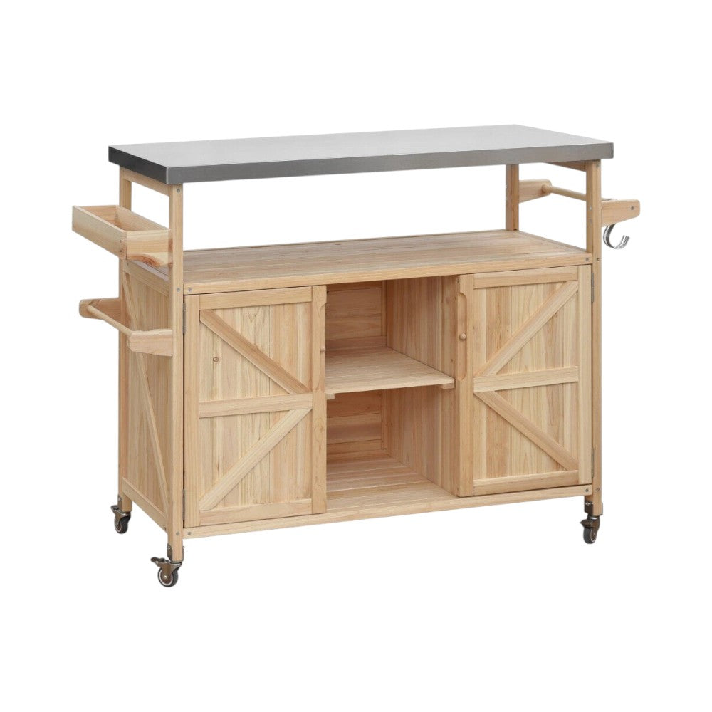 50" Natural Wood Rolling Kitchen Island With Storage