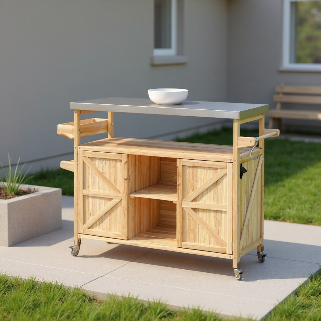 50" Natural Wood Rolling Kitchen Island With Storage