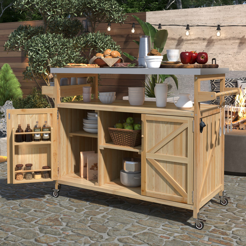 50" Natural Wood Rolling Kitchen Island With Storage