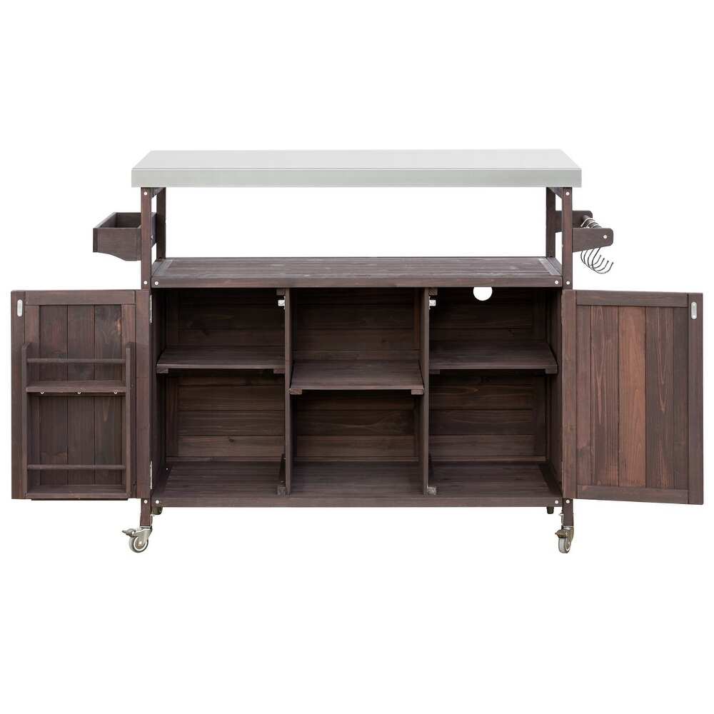 Back view of 50-Inch Brown Wood Rolling Kitchen Island in kitchen setting