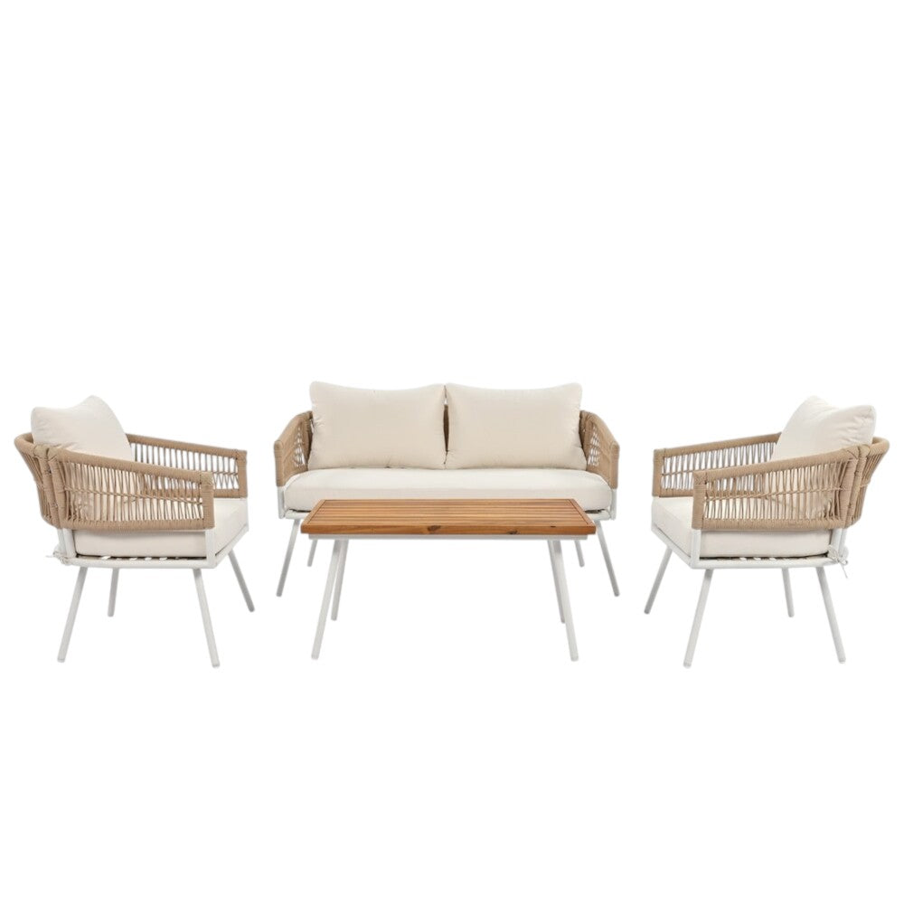 Side view of the six-piece beige and white outdoor sofa set