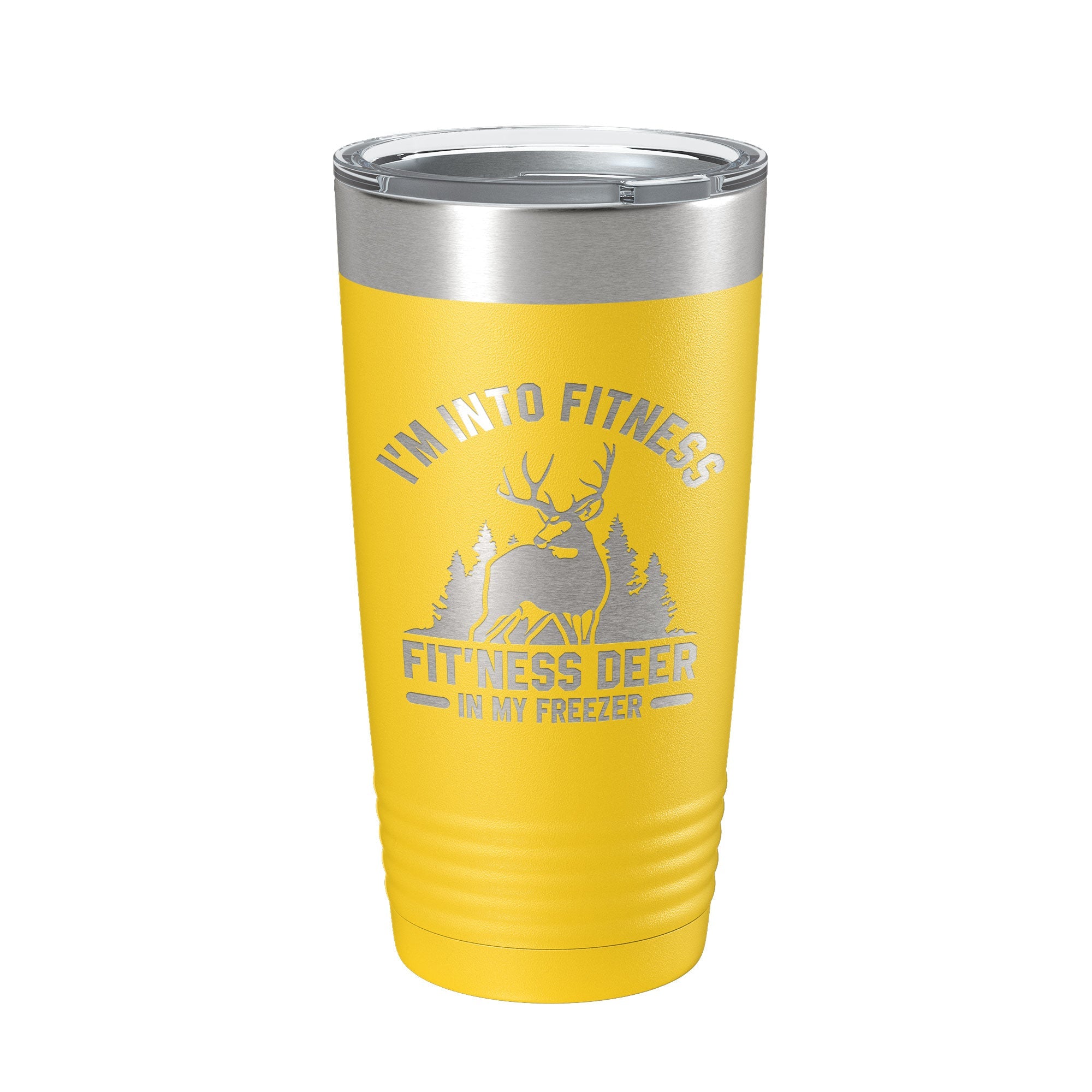 Funny Deer Hunter Travel Mug filled with hot coffee in nature