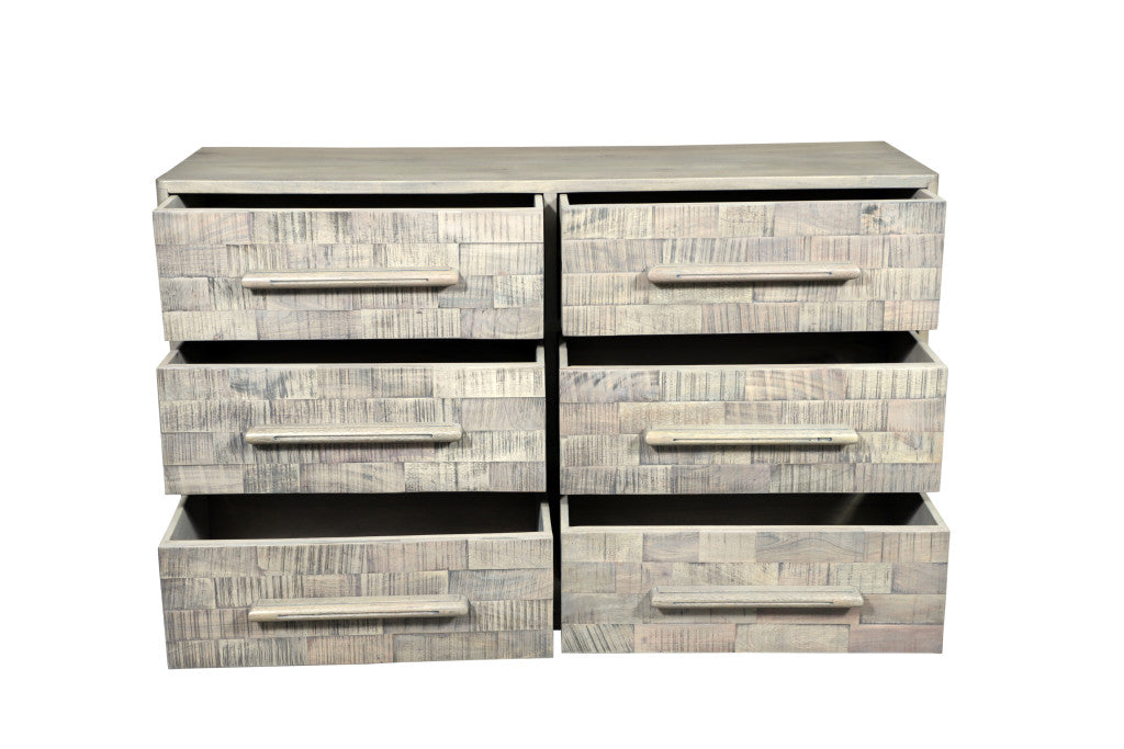 Top view of 57-Inch Gray Solid Wood Dresser with decor items