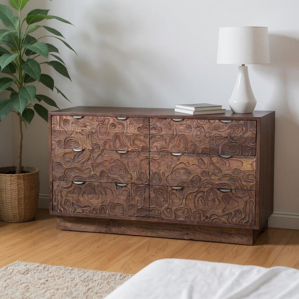 Front view of 57" Brown Abstract Carved Solid Wood Six Drawer Dresser by Gobingya