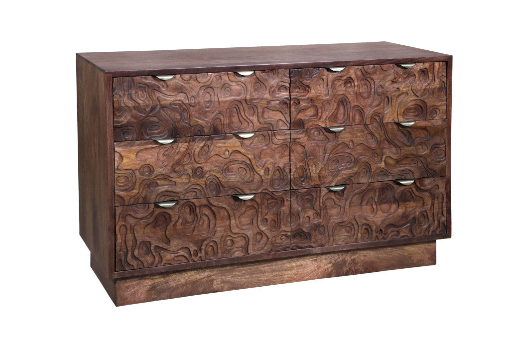 Stylish bedroom setup featuring 57" Brown Abstract Carved Solid Wood Six Drawer Dresser
