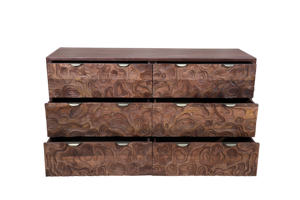 Side angle of 57" Brown Abstract Carved Solid Wood Six Drawer Dresser showcasing carvings