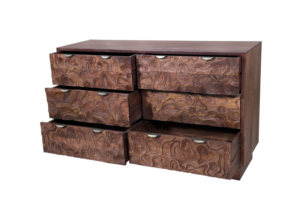 Back view of 57" Brown Abstract Carved Solid Wood Six Drawer Dresser highlighting craftsmanship