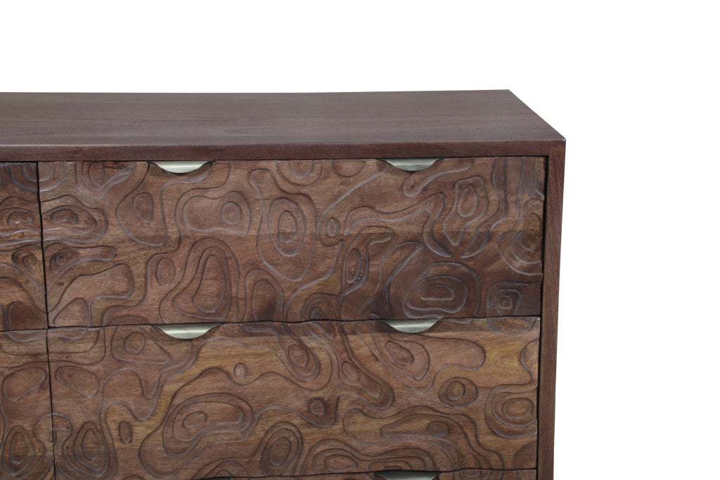 Interior view of a drawer in 57" Brown Abstract Carved Solid Wood Six Drawer Dresser